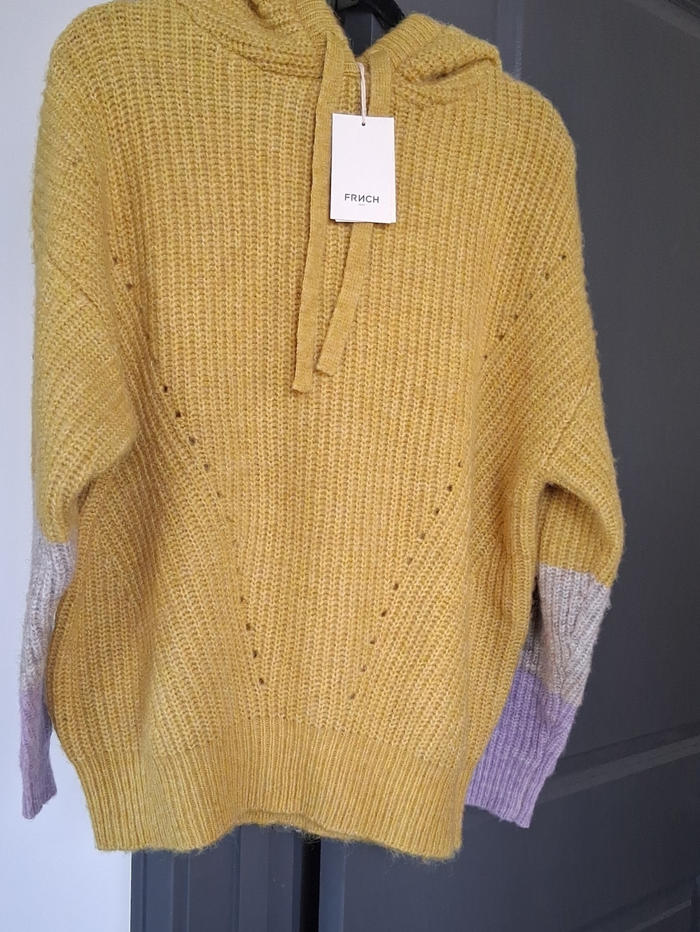 FRNCH Yellow Hooded Knit Sweater with Lilac and Cream Sleeve Panels